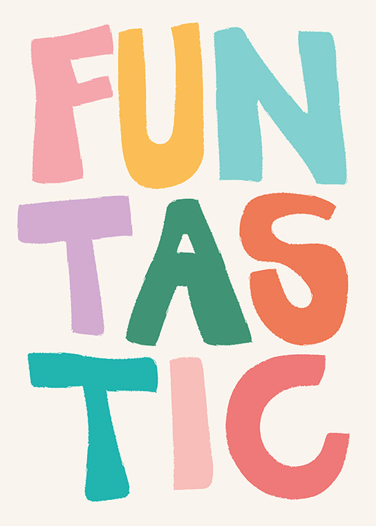  – Affiche de texte avec le mot « Funtastic » écrit en grandes lettres colorées sur fond clair