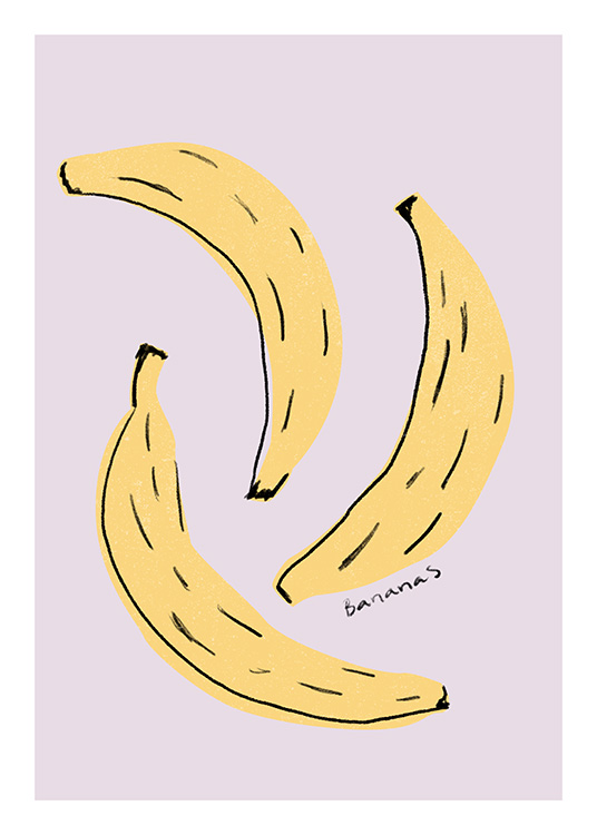  – Illustration avec trois bananes en jaune sur un fond violet et du texte noir