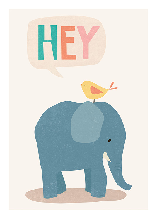  – Illustration avec un oiseau jaune assis sur un éléphant bleu et le mot « Hey » dans une bulle de pensée