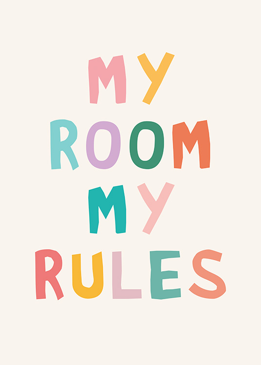  – Texte « My room my rules » écrit en lettres colorées sur fond clair