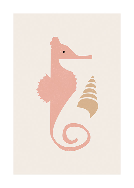  – Illustration graphique d’un coquillage beige et d’un hippocampe rose sur un fond beige clair