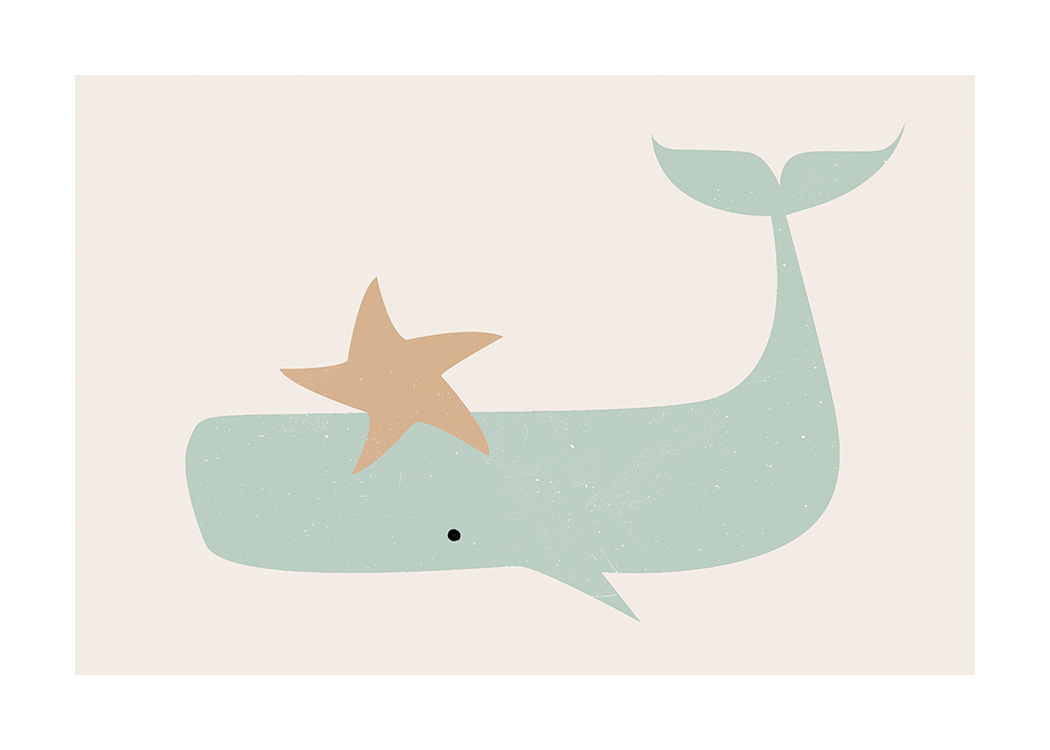  – Illustration graphique d’une étoile beige et d’une baleine verte sur un fond beige clair