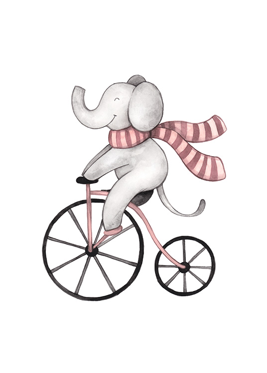  – Illustration à l’aquarelle d’un éléphant gris souriant, sur un vélo, portant une écharpe rayée