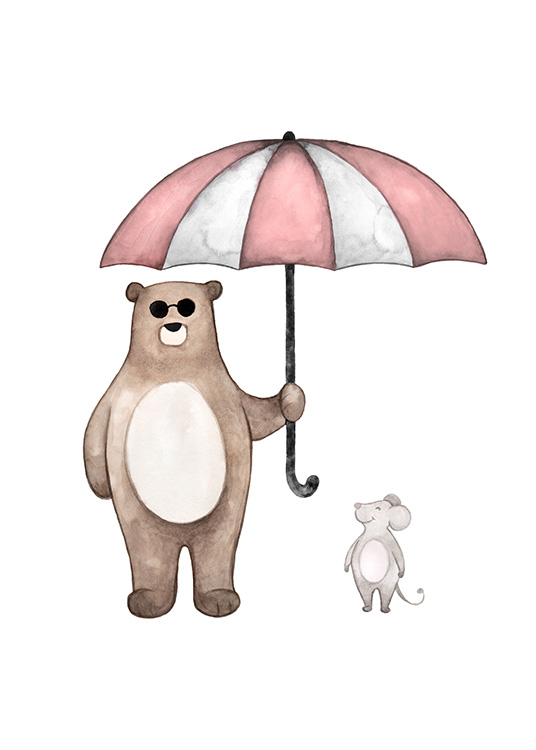  – Illustration à l’aquarelle d’une petite souris et d’un ours avec des lunettes de soleil se tenant sous un parapluie