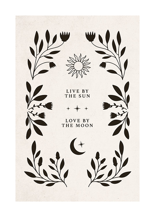  – Illustration graphique avec du texte, un soleil et une lune entourés d’un cadre formé par des feuilles et des fleurs noires