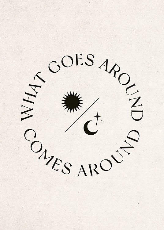  – Illustration graphique avec la citation « What goes around comes around » écrite dans un cercle autour d’un soleil et d’une lune