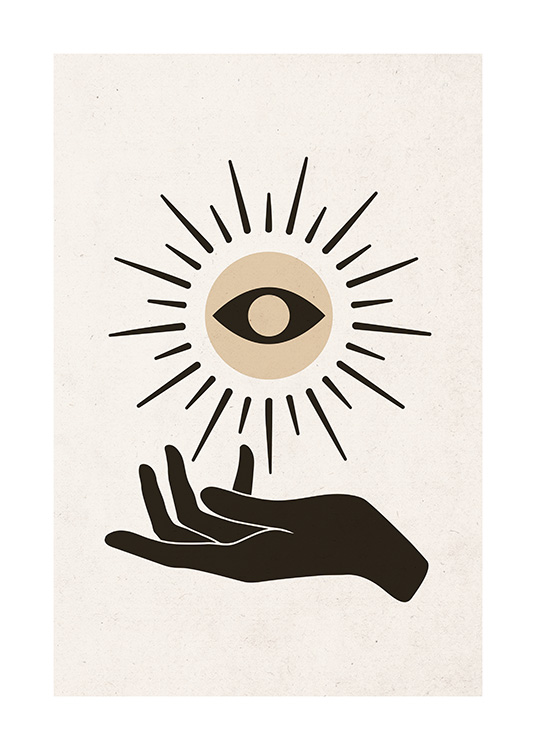  – Illustration graphique avec un soleil, un œil au milieu et une main noire en dessous