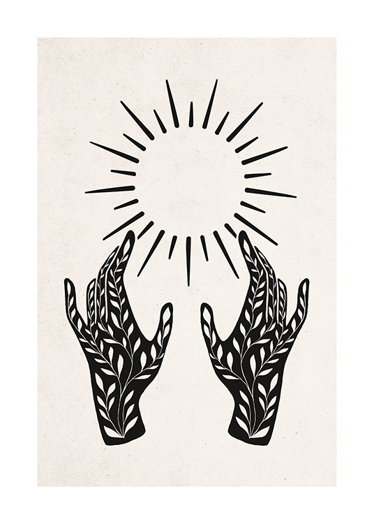  – Illustration graphique avec des rayons du soleil au-dessus de mains noires avec un motif de feuilles sur fond beige