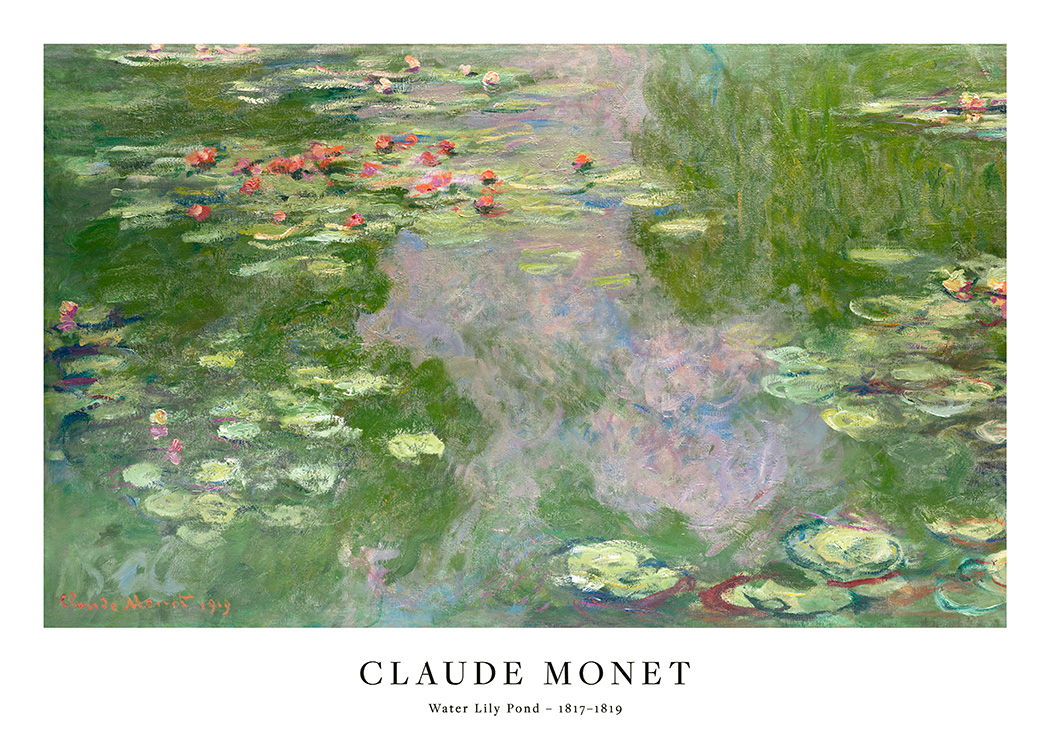  – Peinture de Monet avec des nénuphars et des feuilles flottant dans un étang