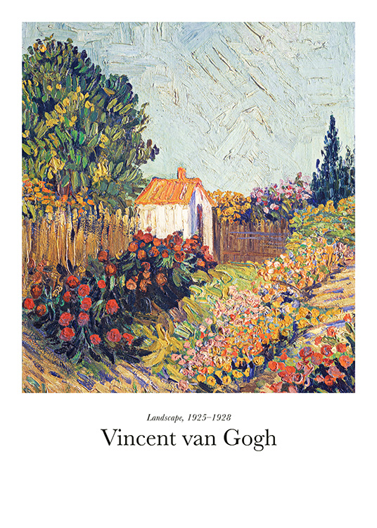  – Peinture d’un jardin avec des fleurs colorées et une petite maison à l’arrière-plan