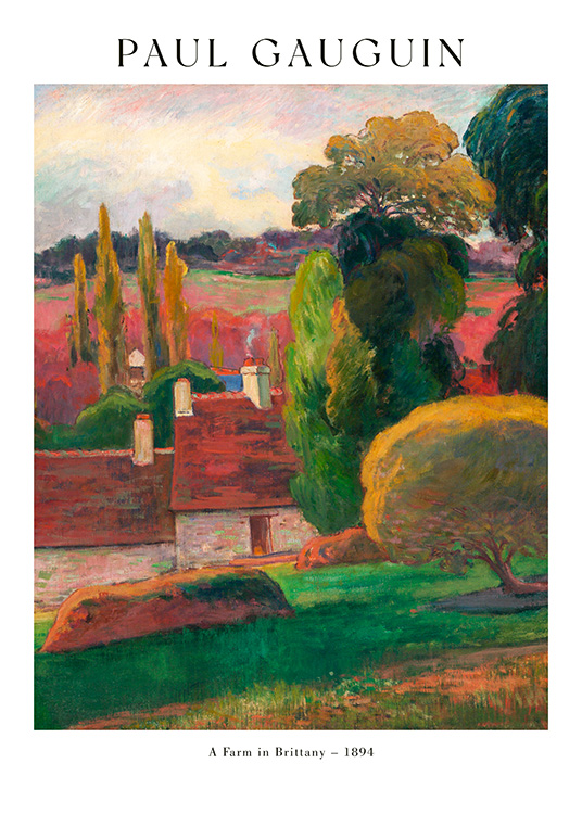  – Peinture d’un paysage coloré en rouge et vert avec deux maisons au milieu