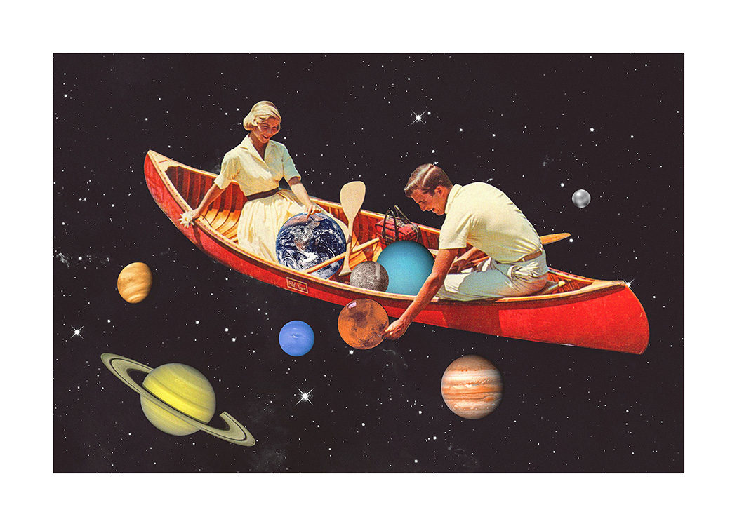  – Illustration d’une femme et d’un homme dans un canot rouge, entourés de planètes dans l’espace