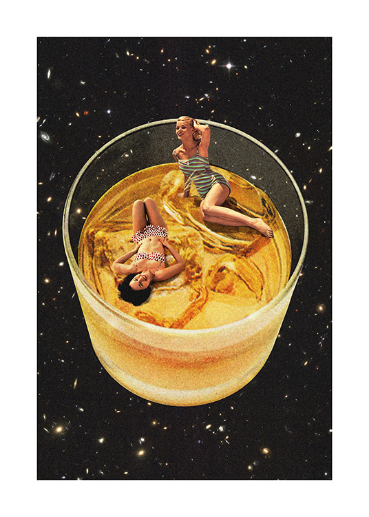  – Illustration d’un verre de whisky dans l’espace, avec deux femmes en maillot de bain de style vintage dans le verre