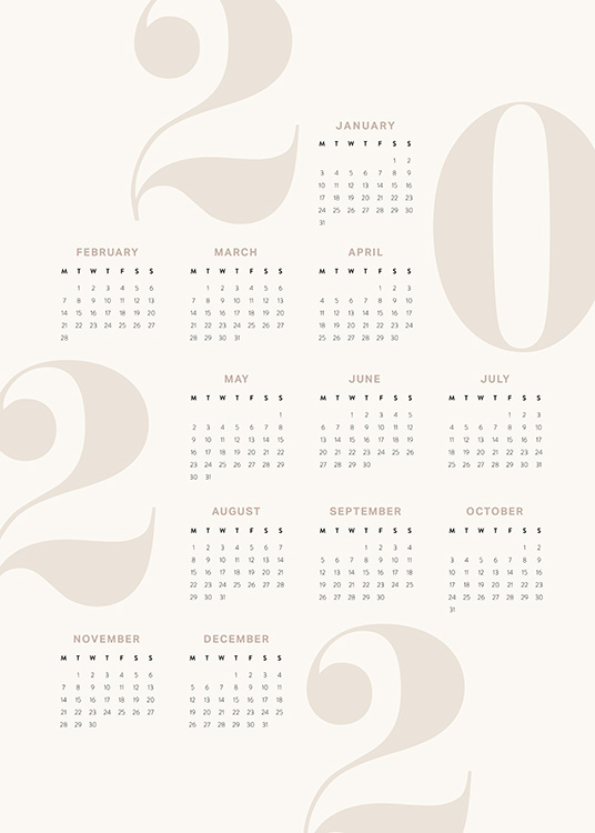  – Calendrier annuel pour 2022 avec du texte noir sur fond beige et des chiffres beiges