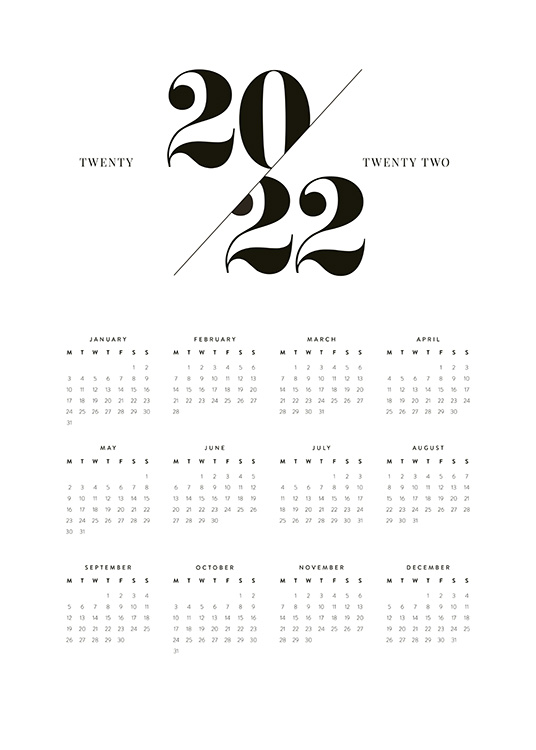  – Calendrier annuel pour 2022 avec des mois et dates en texte noir sur fond blanc