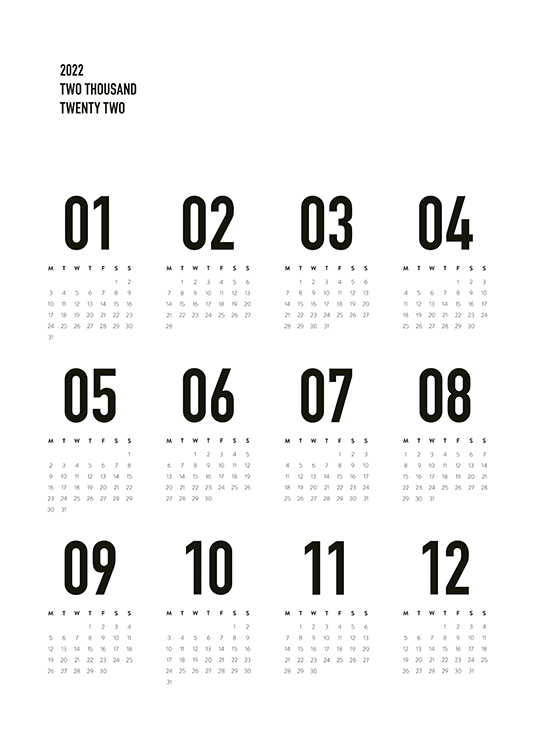 – Calendrier 2022 avec une vue d’ensemble annuelle, avec du texte en noir sur fond blanc