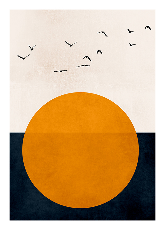 – Illustration graphique avec des oiseaux noirs et un soleil orange sur un fond gris foncé et beige clair