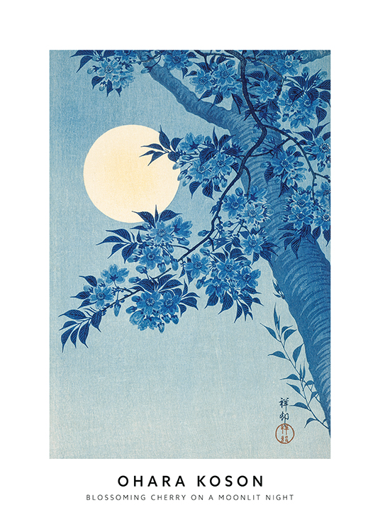 – Peinture d’un cerisier en fleurs en bleu, sur un fond bleu avec une lune