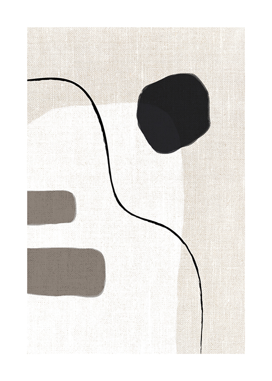 – Illustration avec des lignes et des formes en beige, blanc et noir sur un fond beige avec une structure en lin
