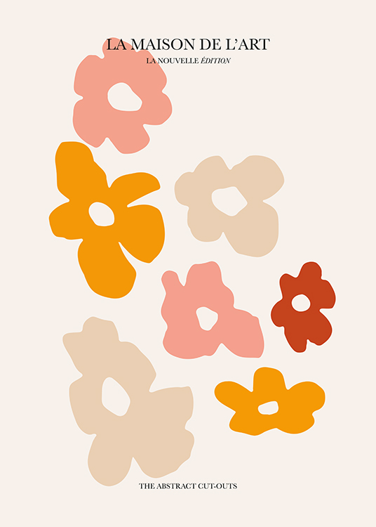 – Illustration graphique avec des fleurs découpées roses, orange et beiges sur un fond beige