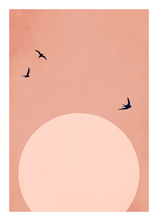 – Illustration graphique avec une lune rose pâle et un ciel rose derrière des oiseaux en train de voler
