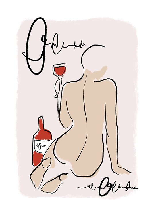 – Illustration graphique d’une femme nue à genoux, tenant un verre de vin sur un fond rose