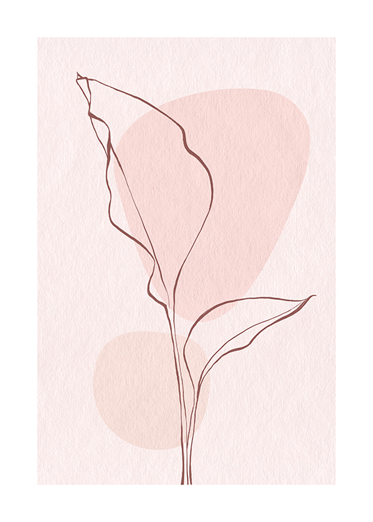 – Illustration avec une feuille en line art en rose sur un fond rose avec deux cercles dessus