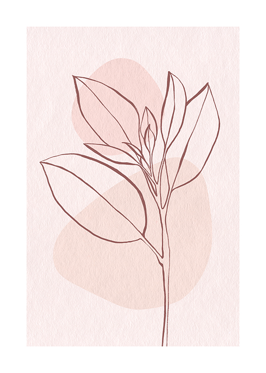 – Illustration en line art d'une feuille rose sur un fond rose avec deux cercles