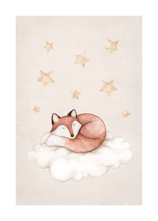 – Illustration à l’aquarelle d’un renard endormi, allongé sur un nuage, avec des étoiles au-dessus