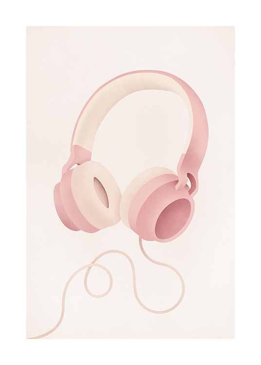 – Illustration d’un casque audio rose avec un cordon, sur un fond beige clair