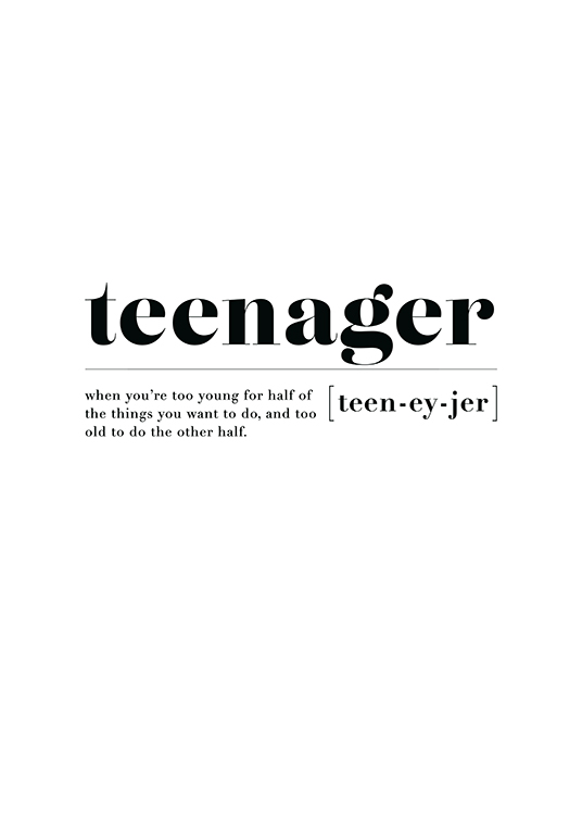 – Affiche de texte avec le mot « Teenager », sa transcription phonétique et une description du mot