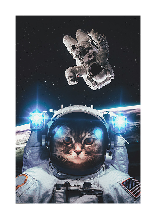 – Illustration d'un chat en astronaute avec la Terre et un astronaute derrière lui