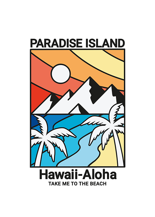 – Illustration graphique d’une île paradisiaque hawaïenne avec palmiers et montagnes