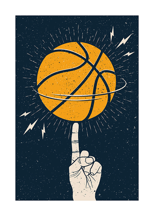 – Illustration d'un ballon de basket orange tournant sur l'index d'une main