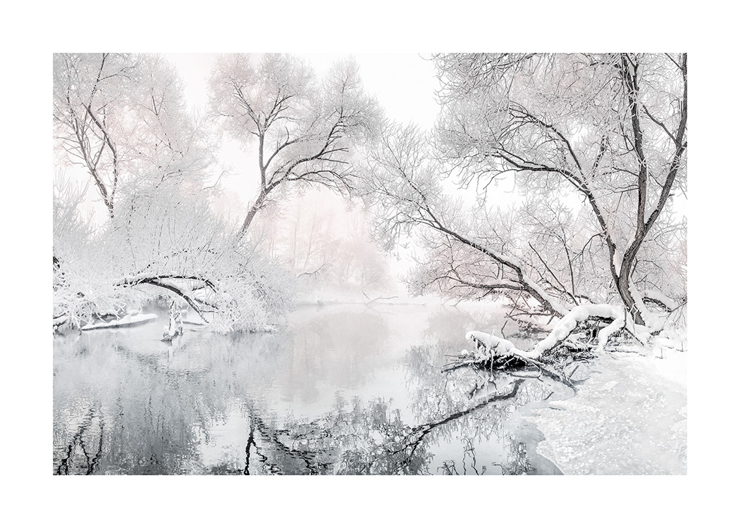 – Photographie d’un lac gelé au milieu d’une forêt enneigée au format paysage