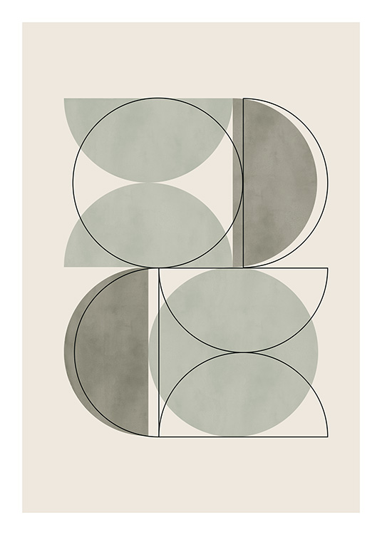 – Affiche aux formes géométriques vertes avec des lignes noires sur un fond beige