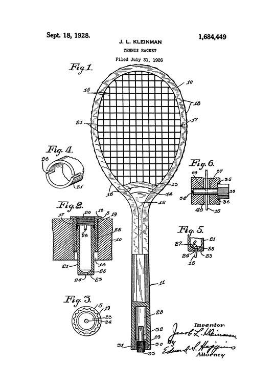 Tennis Racket Patent Affische / Noir et blanc chez Desenio AB (2130)