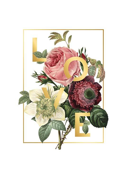  – Illustration d’un bouquet de fleurs et de feuilles vertes et du mot « Love » en feuille d’or