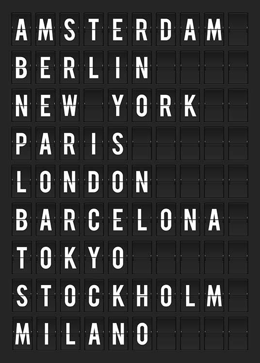  – Poster écrit de la forme du tableau d'affichage d'un aéroport et désignant les villes que vous devriez visiter dans votre vie