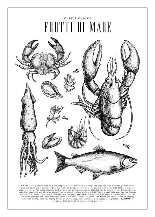  – Affiche pour la cuisine, avec des dessins de différentes créatures de la mer comme des crabes, des moules ou des calamars 