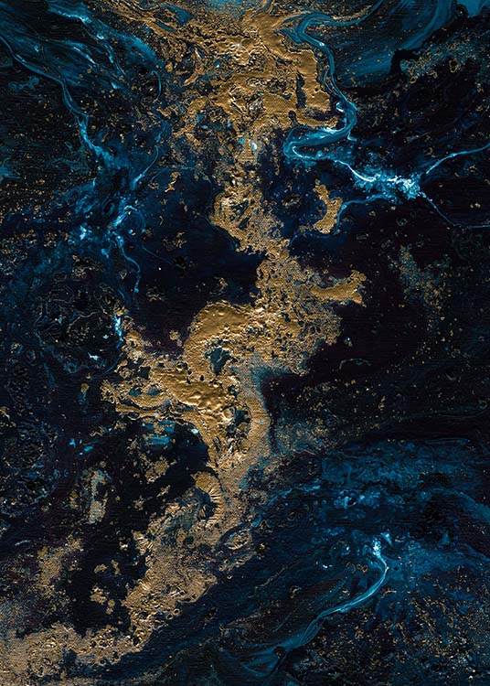  – Peinture à l’huile abstraite avec des tourbillons bleus et dorés