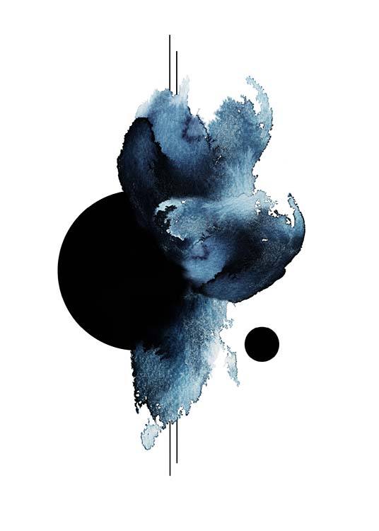  – Peinture à l’aquarelle avec des formes abstraites en noir et bleu sur un fond blanc
