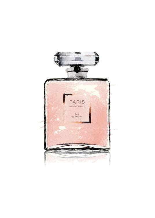  – Illustration à l’aquarelle rose d’une bouteille de parfum avec le mot PARIS