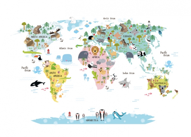  – Carte du monde avec des continents illustrés et des animaux dessus