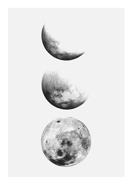  – Illustration en noir et blanc d’une rangée de lunes dans différentes phases