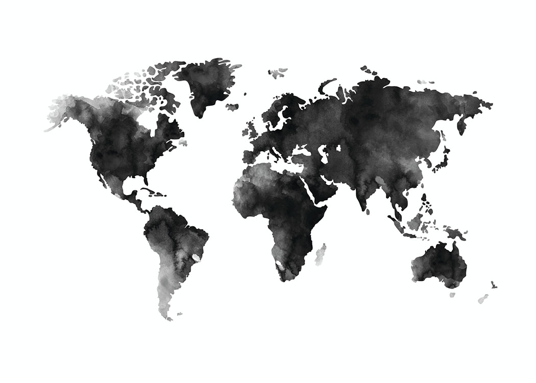  – Peinture à l’aquarelle en noir et blanc avec une carte du monde