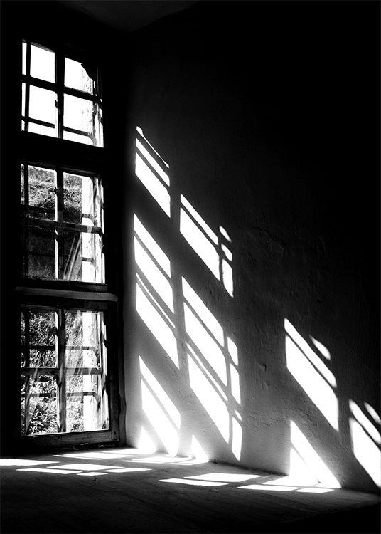  – Photographie en noir et blanc des ombres d'une fenêtre sur un mur