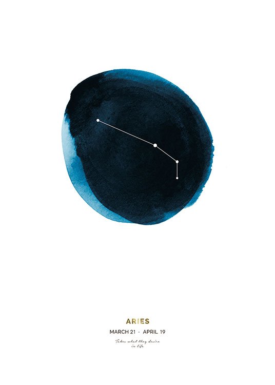  – Signe astrologique Bélier sur un cercle bleu peint à l’aquarelle, avec du texte en bas