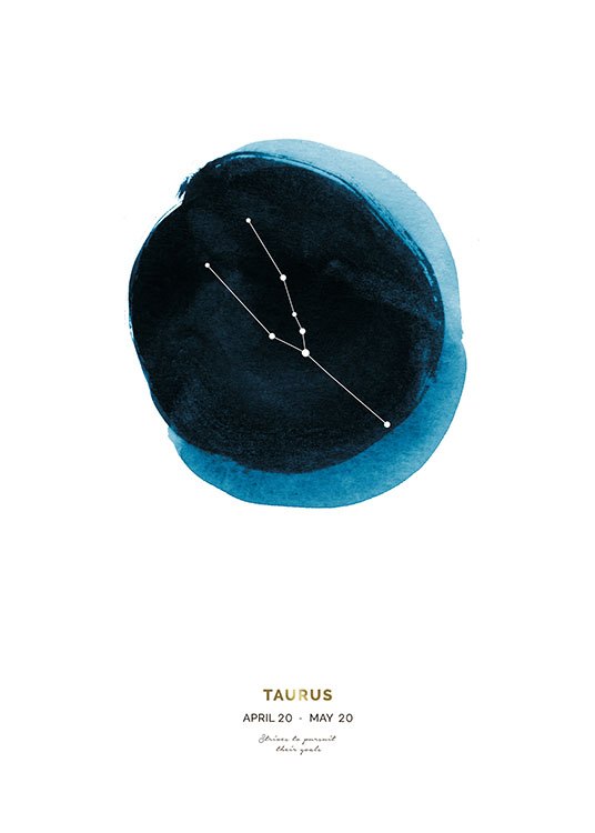  – Signe astrologique Taureau avec un cercle bleu derrière et du texte en dessous sur un fond blanc