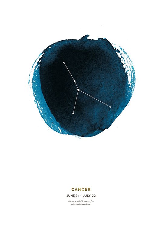  – Illustration avec le signe astrologique Cancer à l’intérieur d’un cercle bleu avec du texte dessous